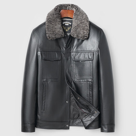 Haining leather jacket first-layer cowhide jacket with velvet and removable wool collar with thickened black M