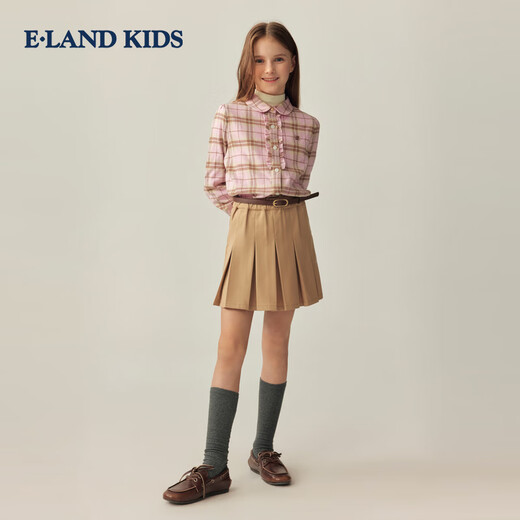 E LAND KIDS 100% cotton children's clothing girls plaid shirt 2025 autumn new product Pink/25 140