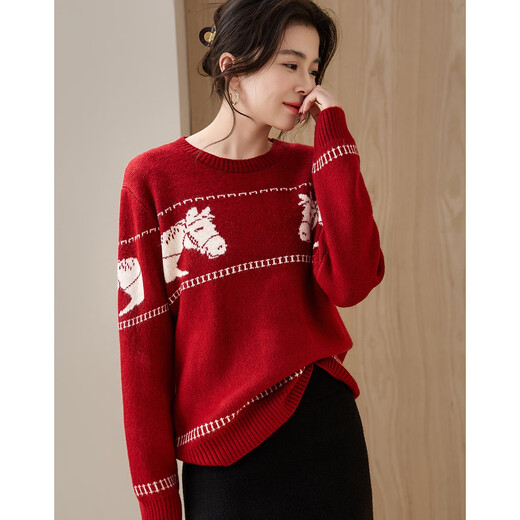 Demana Mengma Shenghua winter warm velvet yarn sweater round neck contrast color jacquard slightly loose women's sweater