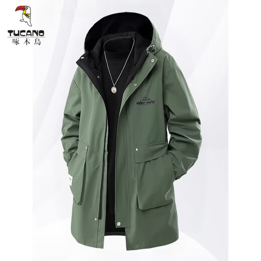 Woodpecker (TUCANO) hooded windbreaker jacket men's spring and autumn loose slim mid-length jacket plus fat plus size fat casual coat military green 7XL 240-265Jin Jin equals 0.5 kg