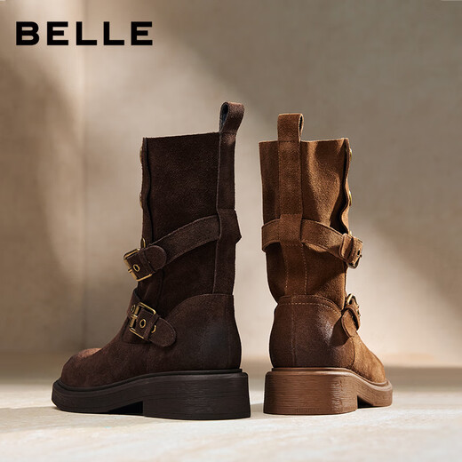 百丽潮流马丁靴女25冬新商场同款按扣短靴E7Z1DDZ5 啡色 38