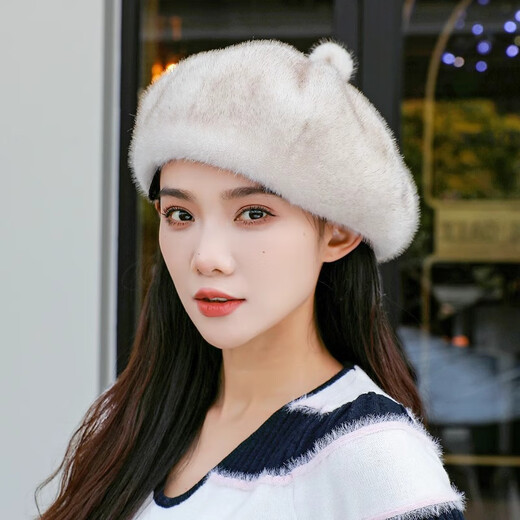 Changyin 2024 Mink Fur Beret Pumpkin Hat Fashionable Thickened Winter Versatile Winter Furry Warm Adult Milk Tea Color One Size