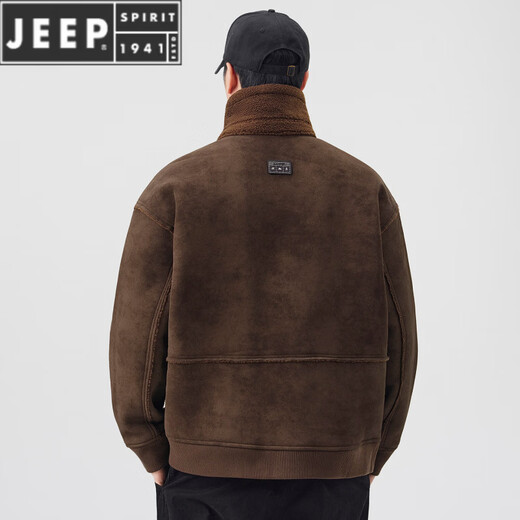 JEEP SPIRIT美式皮毛一体羊羔绒工装男2025新款冬季加绒加厚保暖翻领夹克外套 黑色 4XL