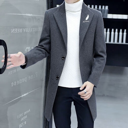 Want to fight Hangzhou Italian-French windbreaker men's mid-length woolen coat Korean version slim fashion woolen coat winter youth Garni coat pocket black L Weight 105Jin Jin equals 0.5kg -120