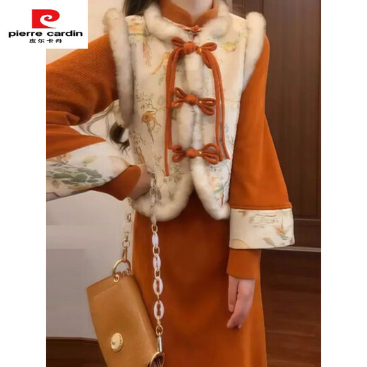 Pierre Cardin 2025 New Year's shirt New Chinese style Chinese style cheongsam quilted vest dress two-piece set women's New Year's greetings winter style vest + cheongsam suit M