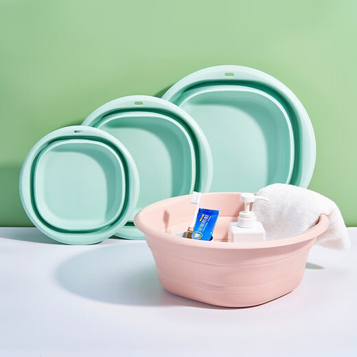 Home KATEI STORY Japanese folding basin large, medium and small three-piece set travel folding basin plastic basin dormitory home student laundry basin folding basin olive green large size 38cm free hook