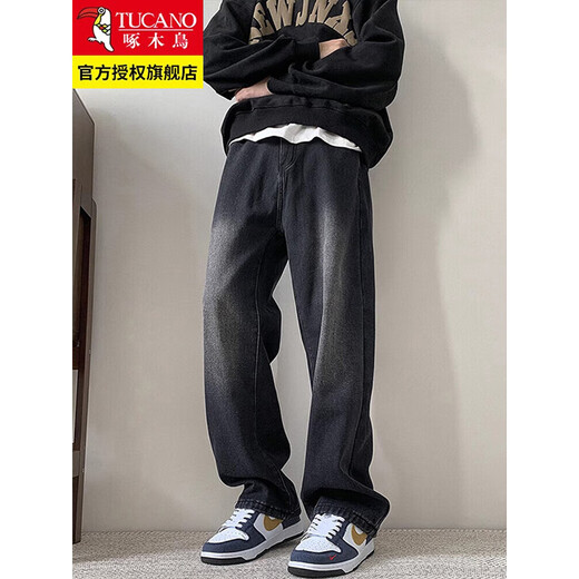 Woodpecker 2025 new American style velvet thickened jeans autumn high street smoke gray casual wide-leg straight casual trousers black gray XL recommended 145-160Jin Jin equals 0.5 kg
