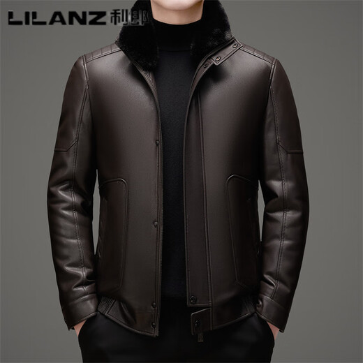 LILANZ利郎冬装男士皮衣外套休闲水貂毛可拆卸保暖皮羽绒服爸爸装男 黑色 M 170