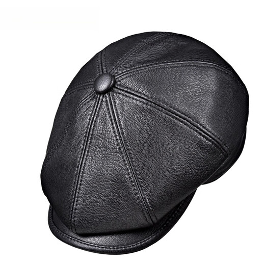 Saimandie men's high-end genuine leather cap, genuine leather octagonal hat for middle-aged and elderly people, retro newsboy hat, sheepskin painter hat, black L (55-56cm)
