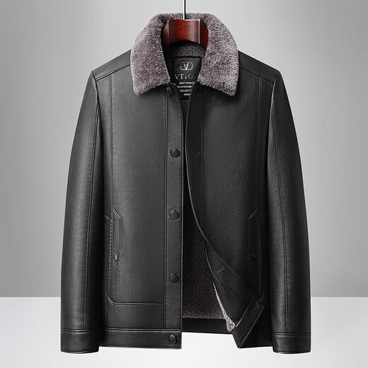 Dad's winter coat, middle-aged men's fur one-piece lapel leather jacket, middle-aged and elderly men's velvet thickened leather jacket, black L 175 size 105-120Jin Jin is equal to 0.5 kg
