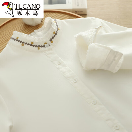 Woodpecker all-in-one velvet bottoming shirt for women with velvet thickened warm embroidered top white professional autumn and winter new inner wear white velvet M