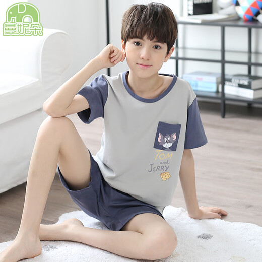 曼妮朵男童睡衣夏季新款短袖男孩纯棉儿童大童全棉薄款青少年家居服套装 N6621【双短】 165 L码建议160-165cm