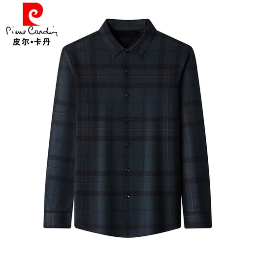 Pierre Cardin high-end 100% pure wool shirt men's long-sleeved 2022 winter business casual plaid velvet thickened warm shirt 876 thickened style - gray velvet 175/XL recommended 135-155Jin Jin equals 0.5 kg