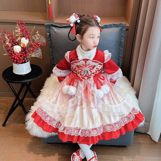 G.duck brand children's clothing Hanfu girls' velvet dress thickened and warm children's winter clothing red princess dress New Year's clothing picture color 110 cm