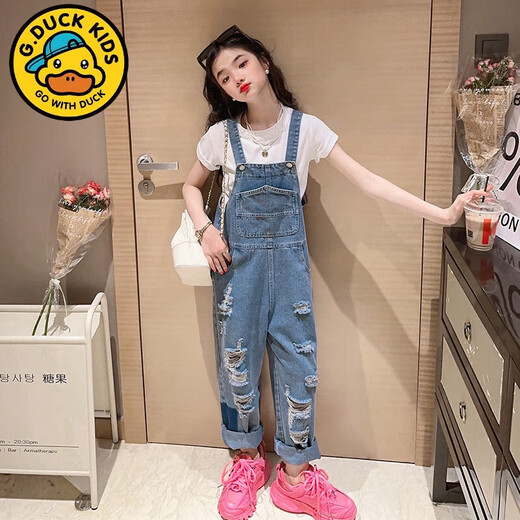 迪士尼（Disney）女童背带裤套装洋气春夏装中大童牛仔背带裤女孩子夏装短袖两件套 黑色T恤+背带裤套装 150