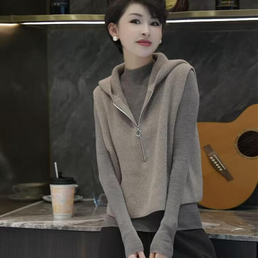 Popular light luxury super age-reducing temperament knitted thickened slimming hoodie vest high-end camel L (recommended 100Jin Jin equals 0.5kg -130Jin Jin equals 0.5kg)