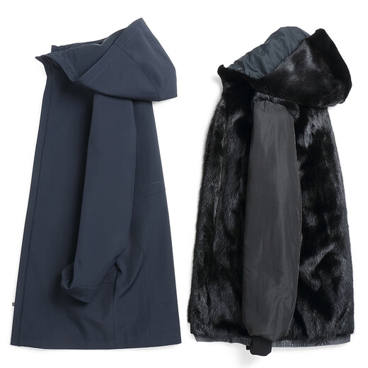 CHEVALPES international first-line brand mid-length new style parka for men with mink whole mink liner fur integrated hooded fur mink navy blue black whole mink + rabbit fur sleeves 3XL 185