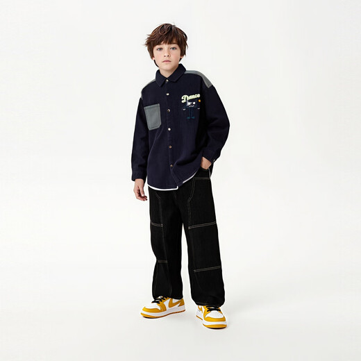 MQD children's clothing boys' lapel denim shirt winter new children's spliced long-sleeved embroidered loose jacket dark denim blue 120