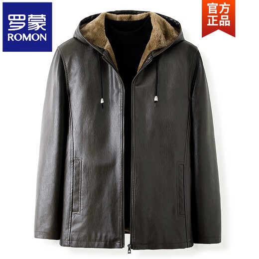 ROMON autumn and winter middle-aged and elderly leather jacket hooded men's leather jacket large size loose casual dad wear velvet thickened jacket 105 coffee color 4XL 190 190-220Jin Jin is equal to 0.5 kg