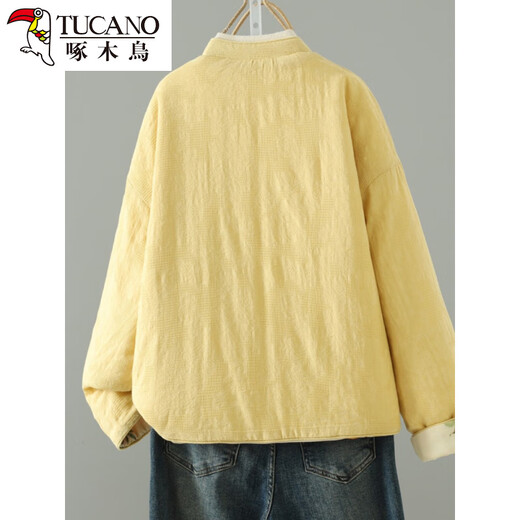 Woodpecker double-sided Chinese-style printed quilted jacket for women in winter, Western-style improved Tang suit, stand-up collar, lining, cotton padded jacket, yellow L 90-120Jin Jin equals 0.5 kg