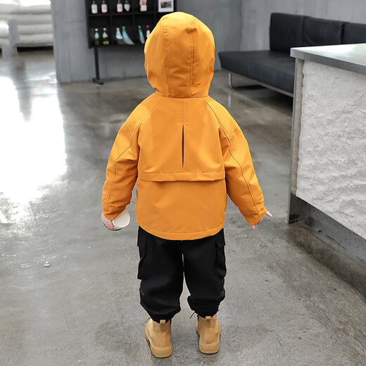BALA is suitable for boys' coats, spring and autumn 2024 new style, cool and handsome autumn clothes for children, hooded three-in-one yellow jacket 90cm