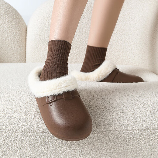 Red bean waterproof cotton slippers for women winter 2025 new bag heels indoor home non-slip home warm plush plus velvet cotton shoes for men deep coffee 38-39 regular size