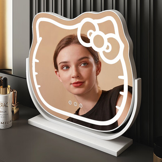 Mirror Kitty Makeup Mirror LED Desktop with Lights Smart Rechargeable Bedroom Makeup Mirror Hello Kitty Internet Celebrity Mirror Cat Large Milky White_Rechargeable Model
