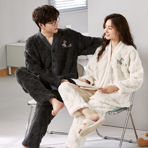 Langsha Couple Pajamas Autumn and Winter Coral Velvet Plus Velvet Thickened Men and Women Warm and Wearable Cartoon Home 2-piece Set Line Bear L Women's Style