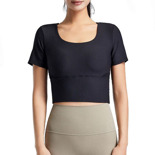 Yoga wear with chest pad for women summer Pilates training fitness top suit sports short-sleeved T-shirt black S