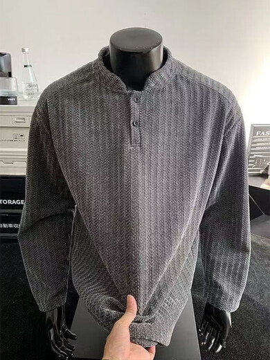 Yingtang herringbone pattern long-sleeved T-shirt for men spring and autumn new Henry collar bottoming shirt loose casual top for men YZXS-CT04 white M