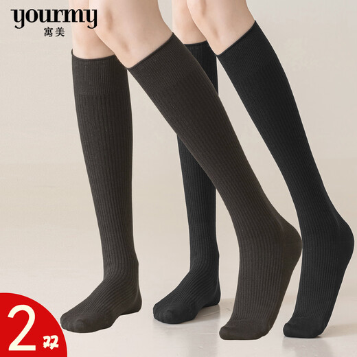 Yumei Women's Khmer Vertical Pattern Calf Socks 0671 Medium Thick Korean Knee Socks Sports and Leisure Slimming Mid-calf Socks Black /0671# Vertical Pattern / 2 pairs One size fits all 22-24cm / Below the knee circumference 46cm