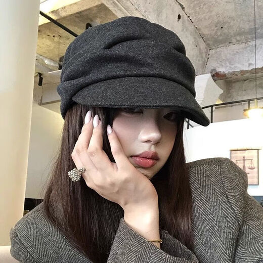 NAOISKEY Naoski Japanese Yamamoto style black pleated beret women's autumn and winter 2025 new retro duck bill newsboy hat painter hat black gray M one size 55-59c