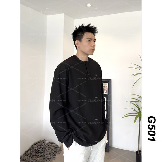 Jiaojing 2025 spring and autumn versatile henley collar long-sleeved T-shirt men's casual sports waffle Polo shirt T-shirt top light gray L