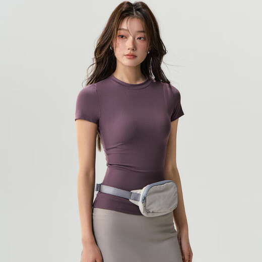 Weightlifting new quick-drying breathable yoga short-sleeved outdoor running sports T-shirt Pilates training fitness clothing Lilac powder waist shaping_tight fit XL