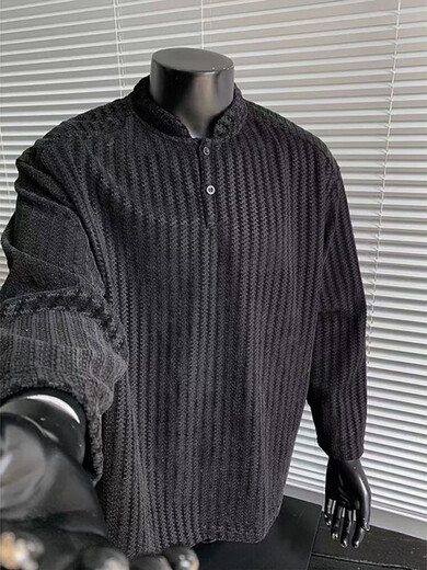 Yingtang herringbone pattern long-sleeved T-shirt for men spring and autumn new Henry collar bottoming shirt loose casual top for men YZXS-CT04 white M