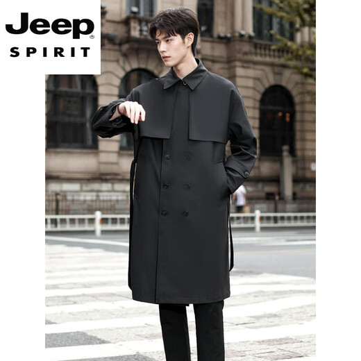 JEEP SPIRIT2025 new style windbreaker men's mid-length over the knee spring and autumn men's coat double-breasted Cthulhu civilian coat trendy black XL