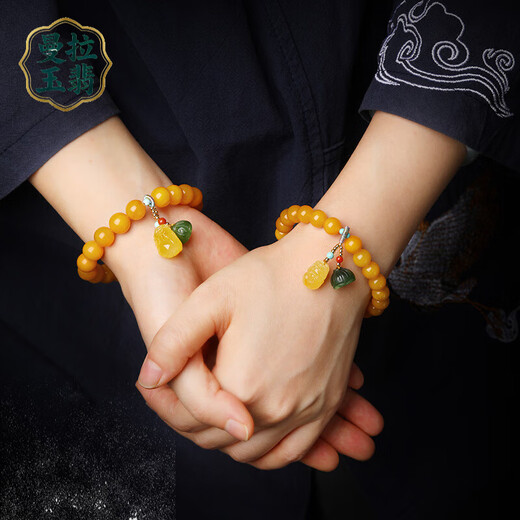 Manla Jade Natural Beeswax Bracelet Female Chicken Oil Yellow Bracelet Old Honey Amber DIY Small Pixiu Jade Beads 9mm Beeswax Beads 8mm 21pcs