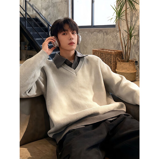 NYING fake two-piece Henry collar sweater for men in autumn and winter new trendy brand lapel sweater thickened warm inner base layer black XL (125-140Jin Jin equals 0.5kg)