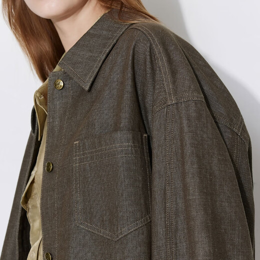 ONLY2026 spring new asymmetrical patch pocket neat short off-shoulder denim shirt for women|126162004 E09 coffee bean color S