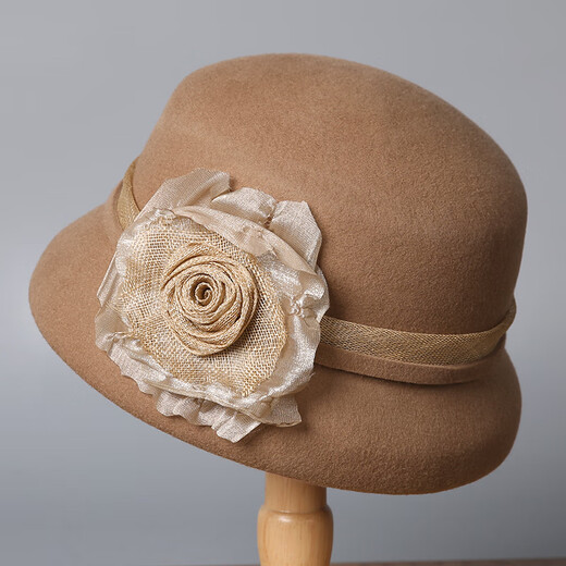 Lanshimengdai 2025 new French retro wool basin hat fashionable flower decoration top hat versatile hat autumn and winter women elegant khaki 56-58cm
