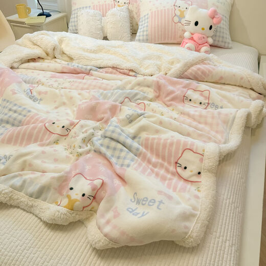 Fantasy cute kt cat milk lamb velvet blanket 2025 new girl's heart sofa blanket thickened warm sheet cover blanket girl's heart KK eye milk velvet + lamb velvet cat-like feel 200x230cm double multi-functional blanket