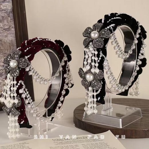 The fog adds beauty to Yilian Youmeng wide-brimmed headband, hand-woven ethnic style hair ornaments, flowers, detachable tassels and beads French headdress, Yilian Youmeng black