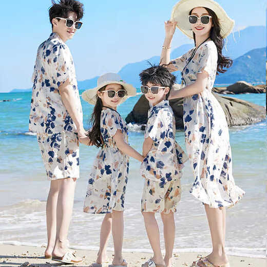 Shijanu parent-child outfits for a family of three on summer seaside vacation, parent-child outfits for a family of three and four, summer outfits, father-son outfits, beach floral shirts, retro splash-ink print suits 165 165 Mom S