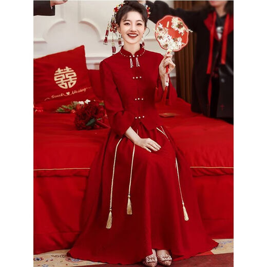 Shifansen (SHIFANSEN) Toast Wear Bride 2025 New Winter Clothes Red Engagement Dress New Chinese Style Wedding Clothes Long Sleeve Autumn and Winter Burgundy Chinese New Style S Recommendation 92-100Jin Jin is equal to 0.5 kg