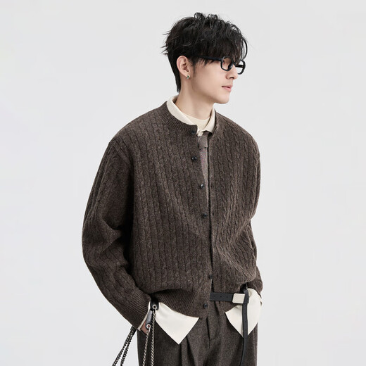 Earl Zall Jacquard Old Money Style Henry Round Neck Earl Zall 25 Autumn and Winter Sweater Cardigan Men's Wool Knitted Jacket Retro Brown S 165