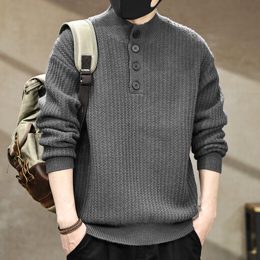 Jingulai American retro heavyweight Henry collar sweater men's winter new warm velvet feel winter sweater men's sweater dark gray L weight 130-145Jin Jin is equal to 0.5 kg