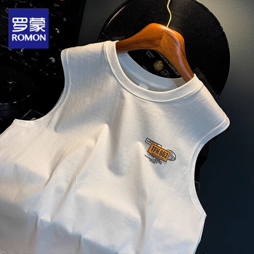 ROMON Loose American Vest Men's 2025 Summer Trendy Printed Sleeveless T-shirt Waistcoat Casual Sports T-shirt Men White HJ9906-1 L