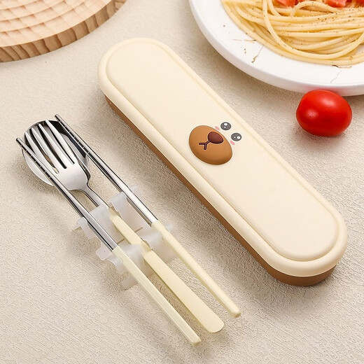 Jialaichen 304 stainless steel chopsticks and spoon set children's portable cutlery box primary school student storage box for one person Dudu bear paint 304 tableware chopsticks + fork + spoon / three-piece set