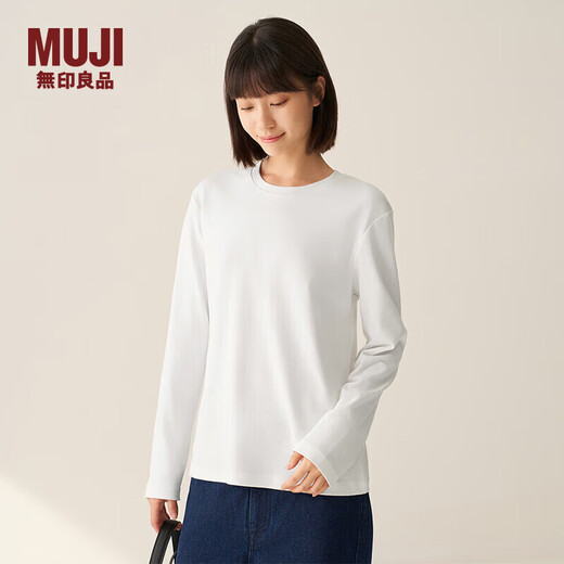 MUJI Women's Double Rib Woven Round Neck Long Sleeve T-Shirt Tops and Bottoming Shirts Women's Fall 25 White M (160/84A)