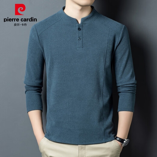 Pierre Cardin Autumn and Winter Double-sided German Velvet Lined Warm Clothes Bottoming Shirt Men's Henry Collar Versatile Long Sleeve T-Shirt Stand Collar Sweatshirt D509 Blue M 90-110Jin Jin is equal to 0.5 kg